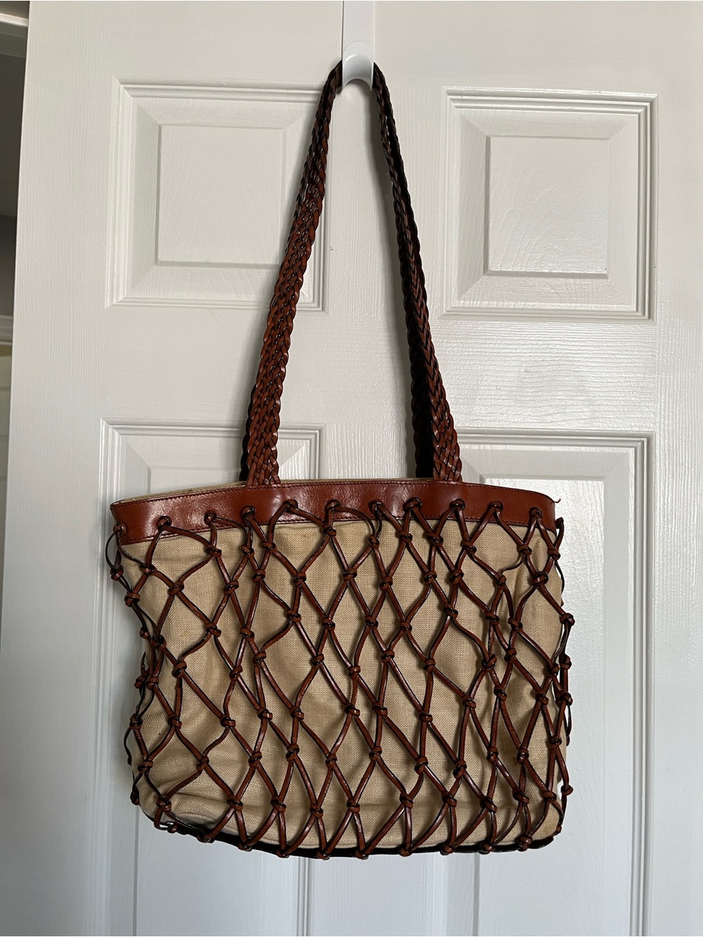 Holt Renfrew Faux‑Leather Woven Net Tote – Brown Braided Handles